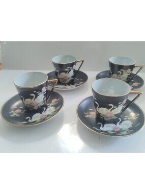 Vintage Nippon Demitasse Cups & Saucers set of 4 Swan & Water Lily